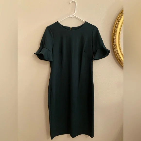 NEW Calvin Klein Fall Green Ruffle Short Sleeve Pencil Sheath Formal Dress 10 - Picture 12 of 17